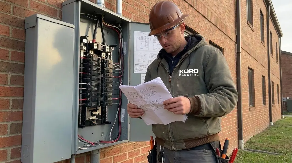 Engineer testing polarity and safety performance in commercial switchgear