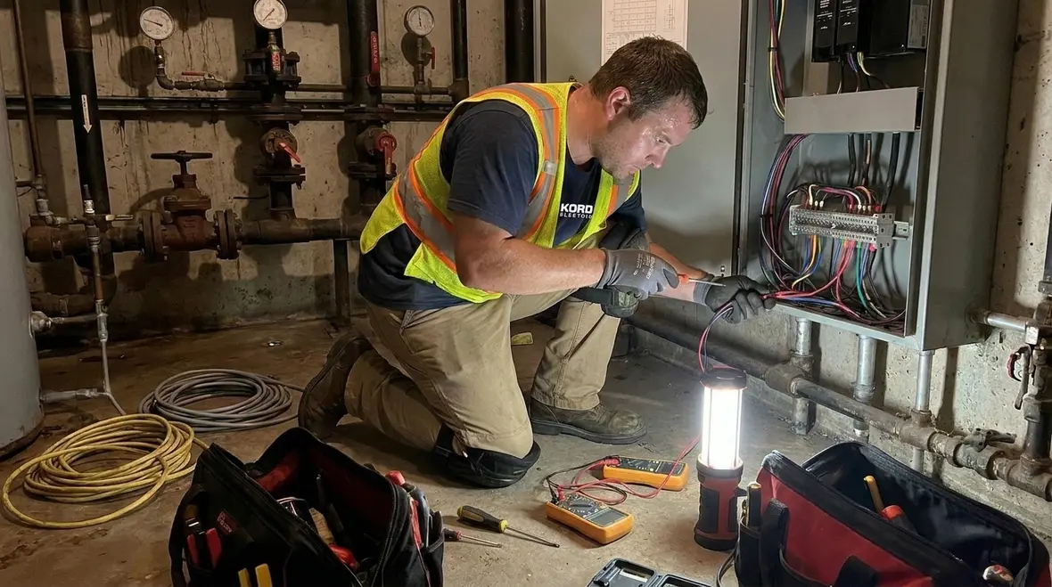 Technicians inspecting junction boxes for polarity issues
