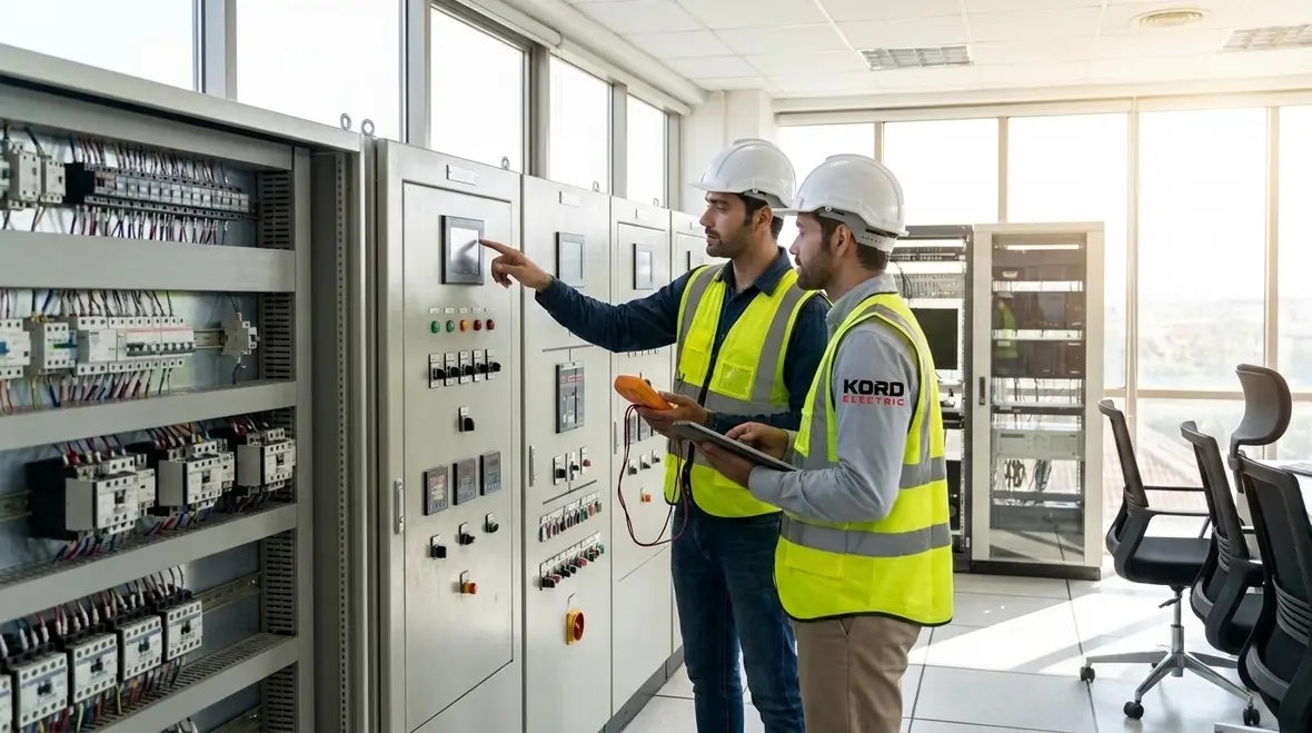 Technician reviewing NEC remote control signaling scope in a commercial facility