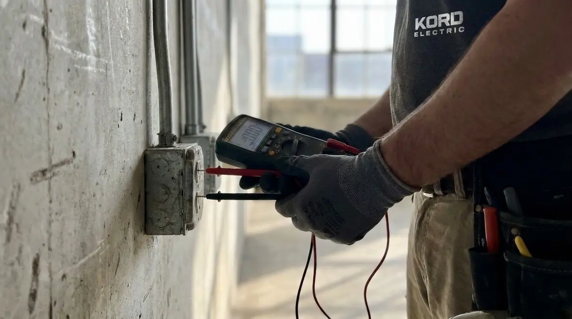 Technician verifying NEC polarity of connections code in an electrical panel