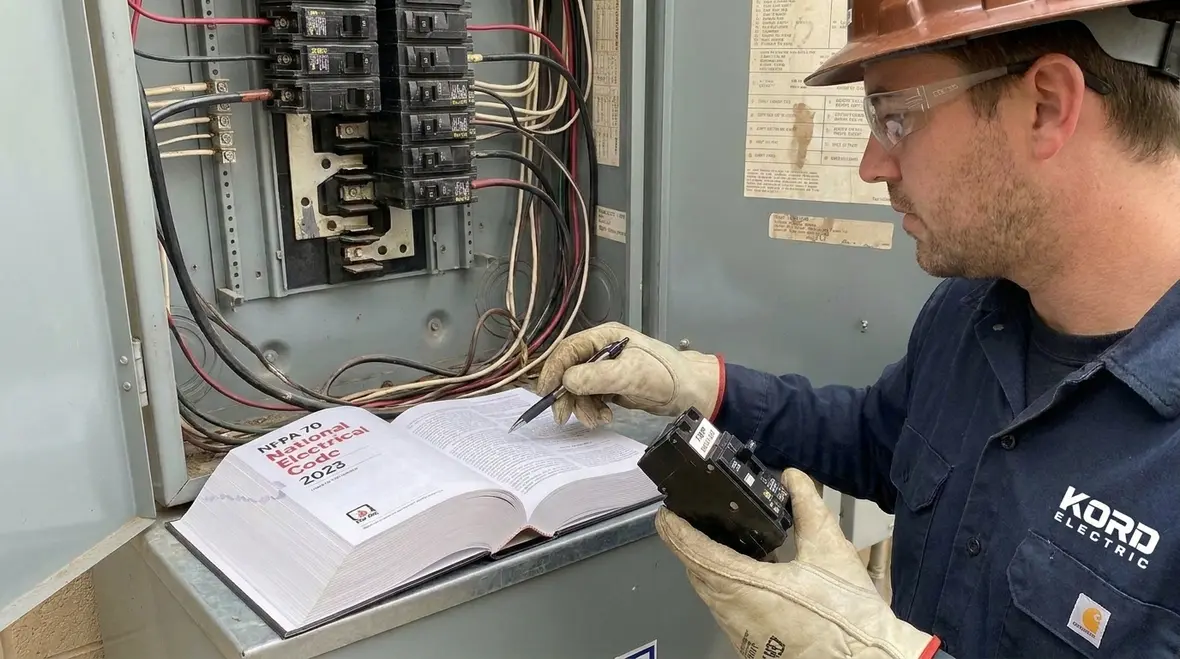 Technician inspecting NEC replacement trip units in a commercial electrical panel