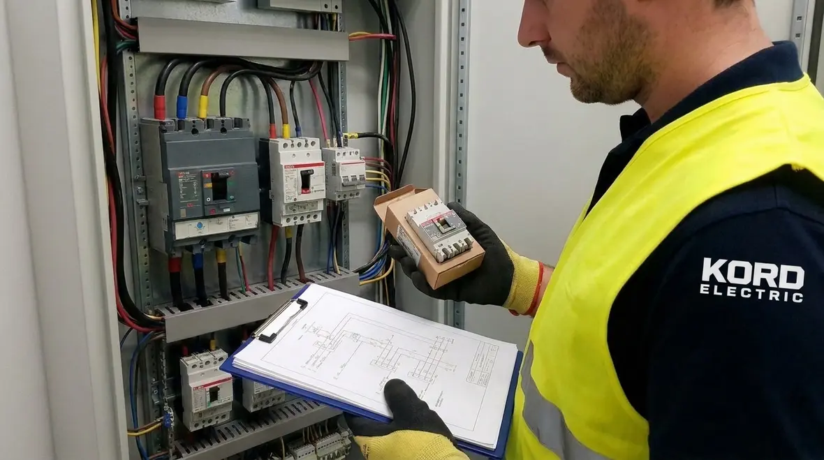 Close-up of a NEC replacement trip unit being configured for settings and coordination