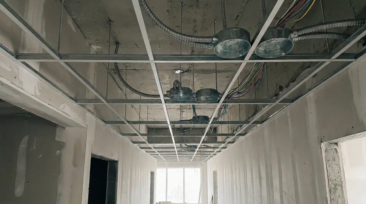 Commercial corridor ceiling with properly placed NEC round junction boxes