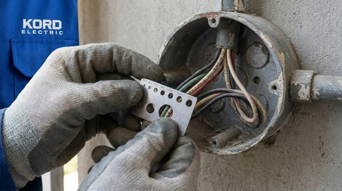 Close-up of NEC round box showing conductor space and device support