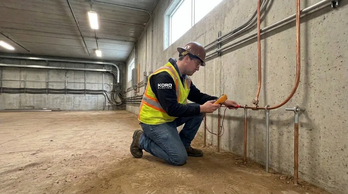 Technician reviewing NEC feeder supplied building grounding layout