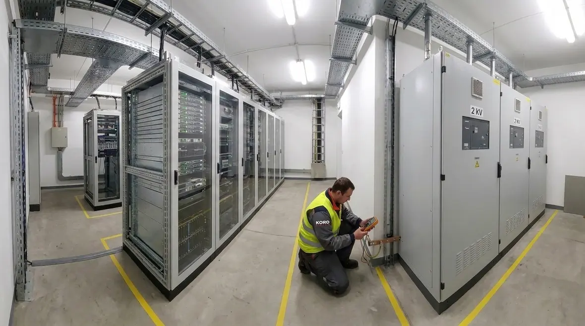 Technician inspecting NEC communications bonding 2 kV installation
