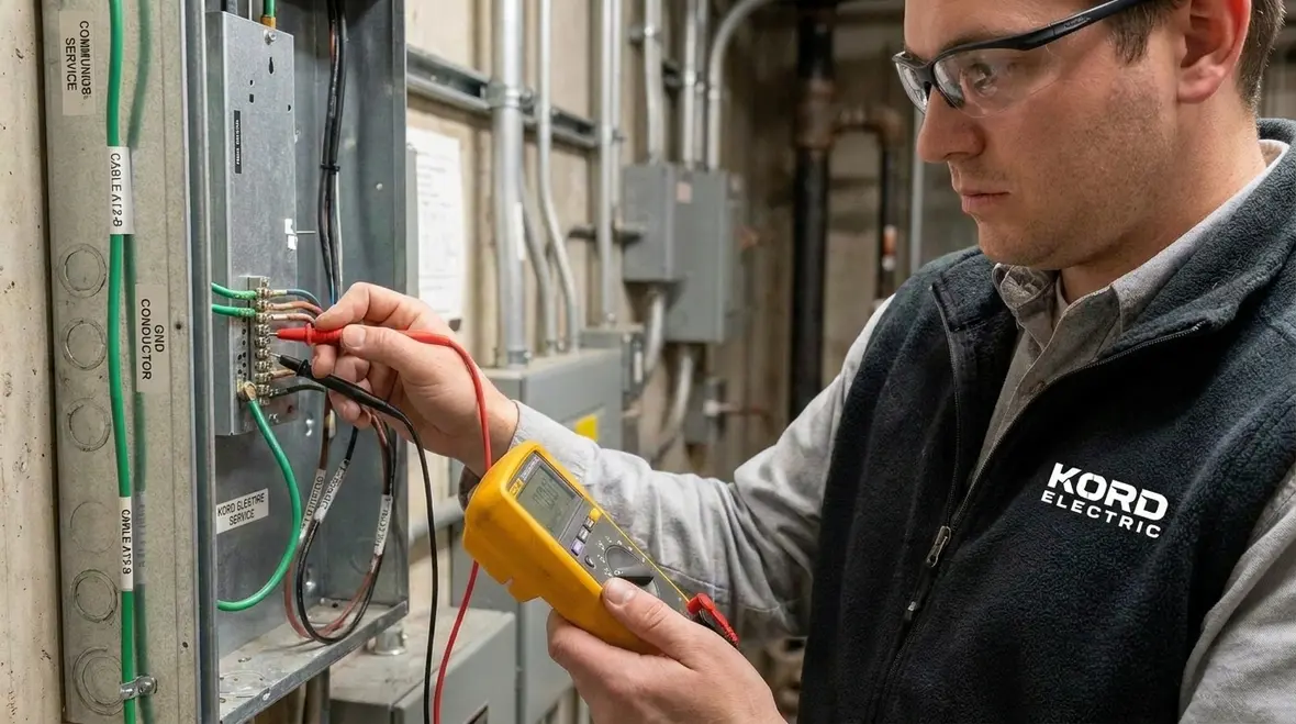 Kord Electric technician verifying NEC communications bonding connections in the field