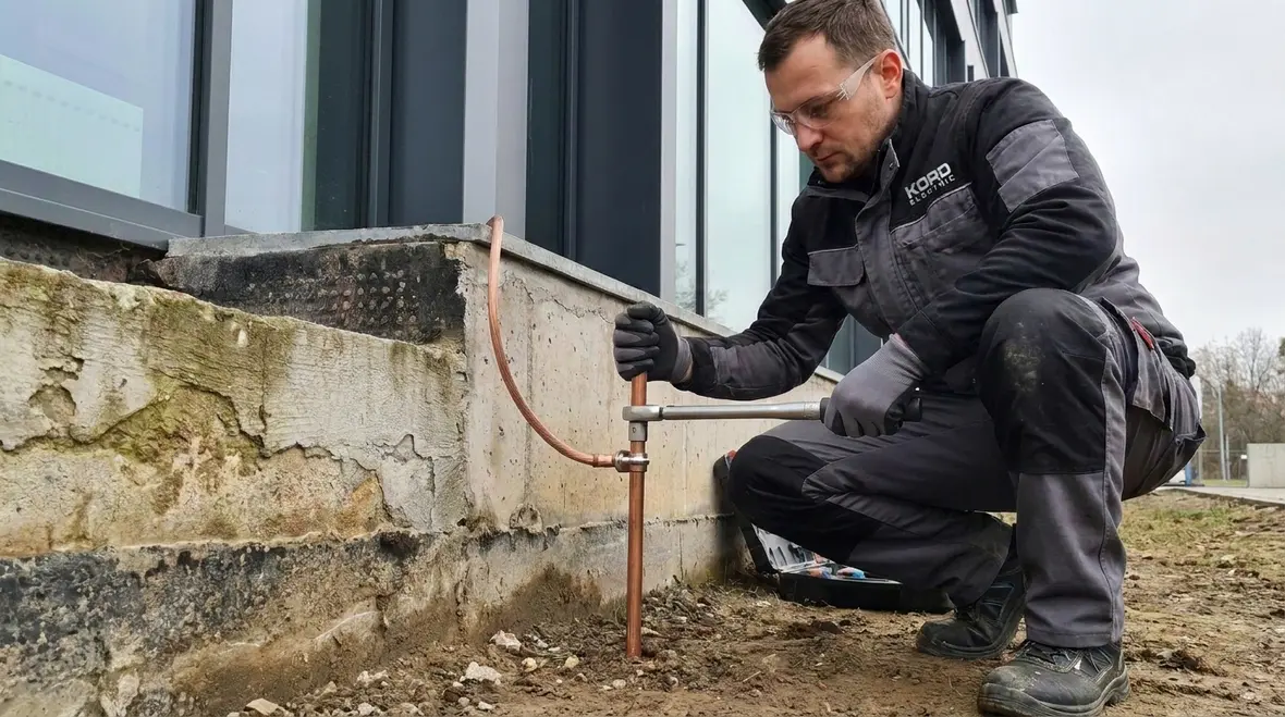 Technician inspecting NEC communications bonding to building grounding system