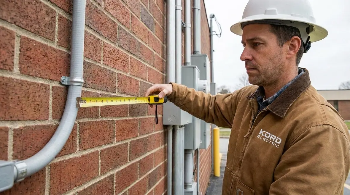 Inspector reviewing NEC service clearances on a commercial building