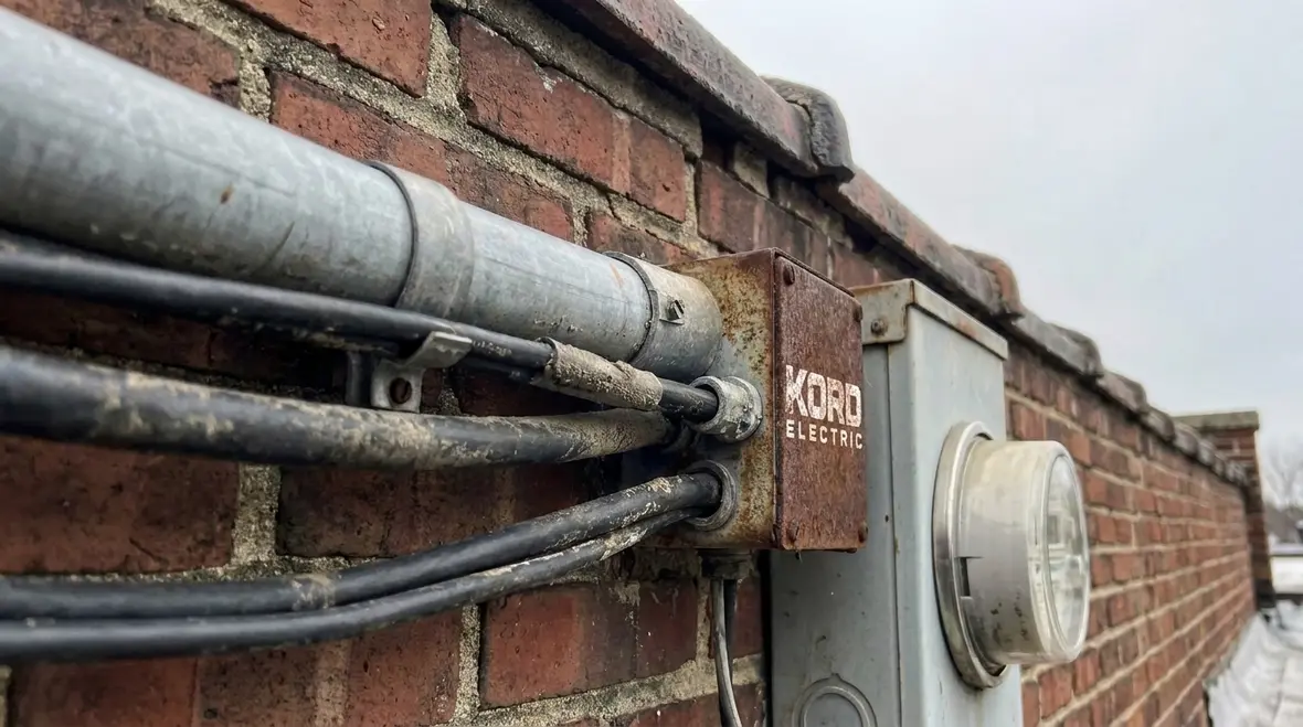Technician measuring NEC service clearances along a building façade