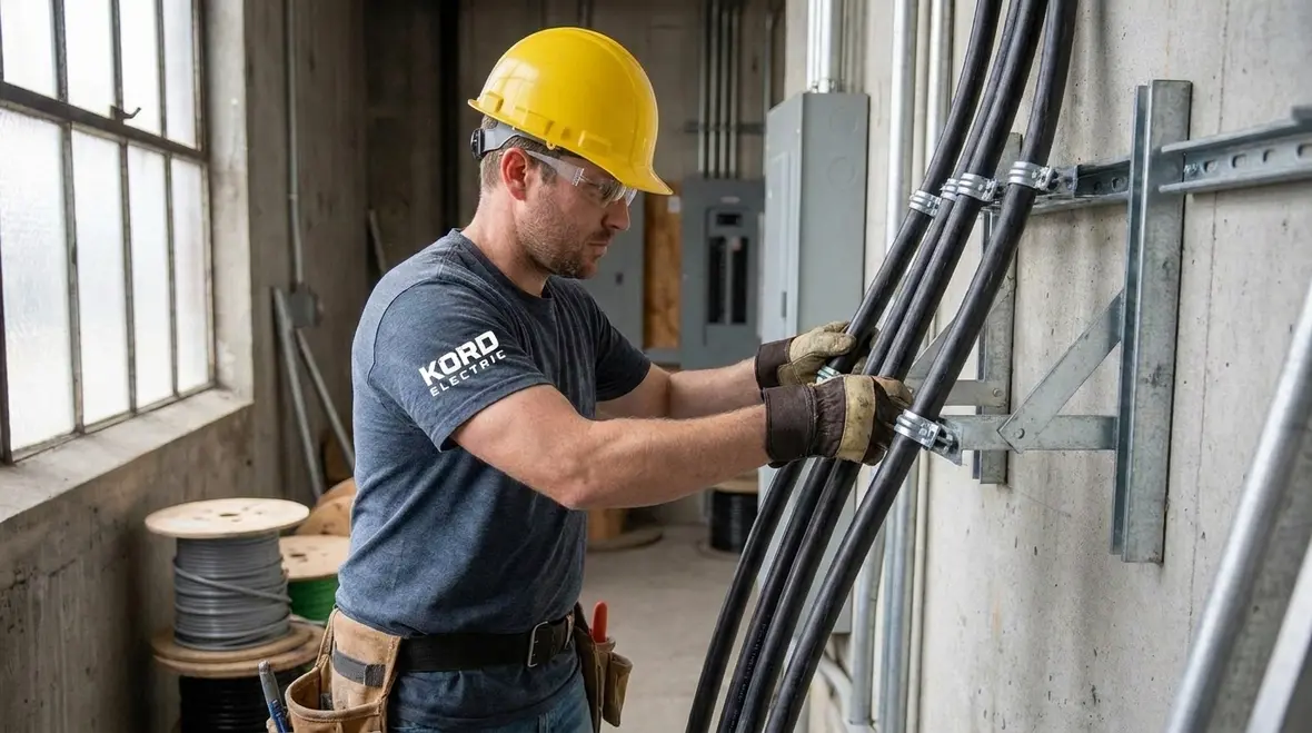 Service entrance conductors with NEC-compliant mounting supports in a commercial electrical room