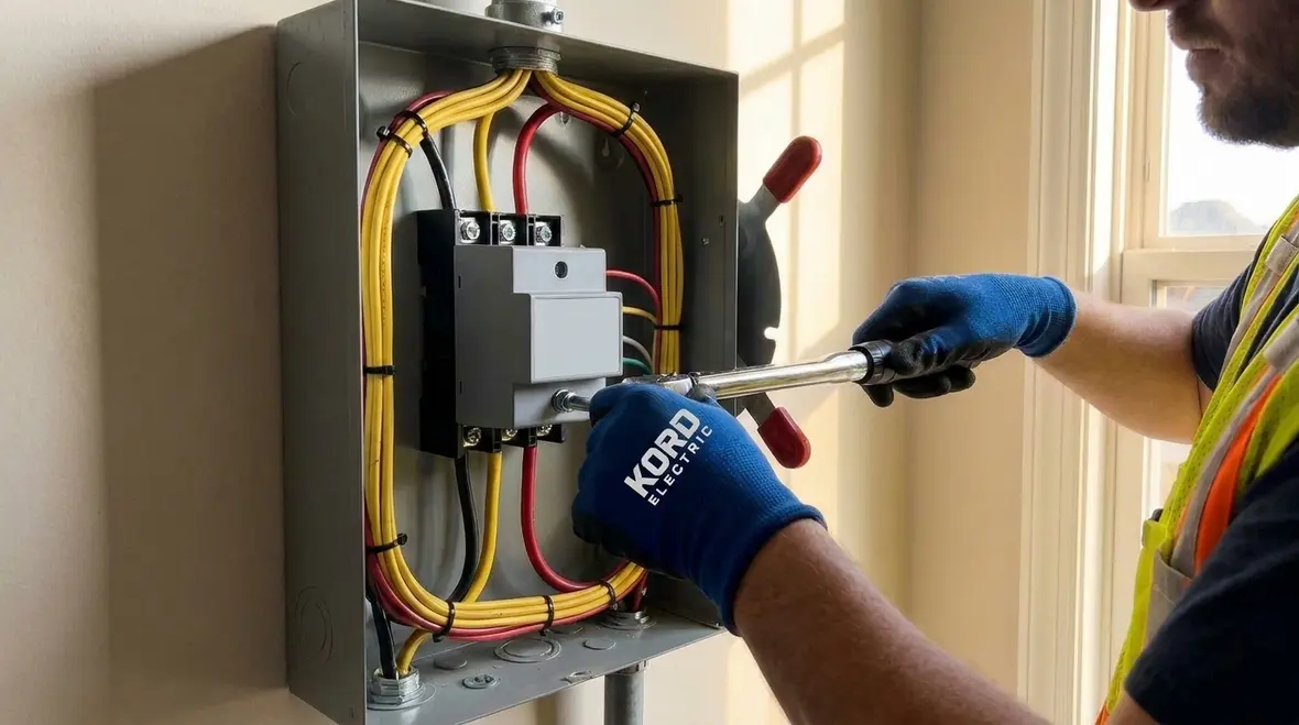 Technician installing a surge protection device at a service disconnect