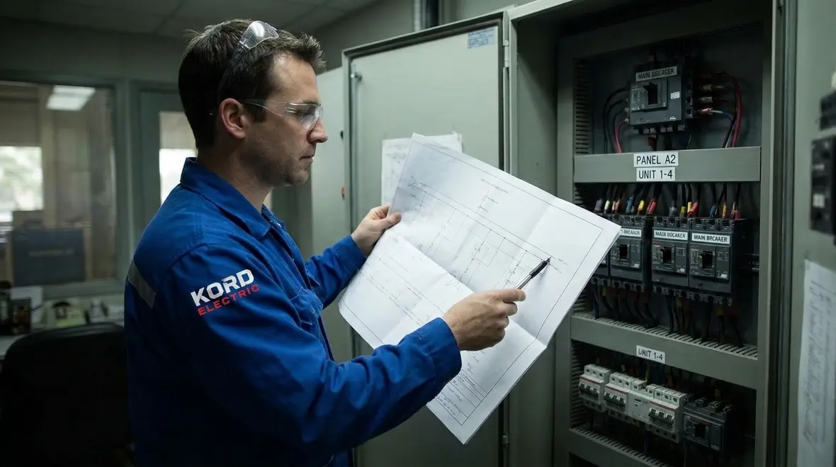 Commercial electrical technicians selecting listed service equipment for NEC compliance