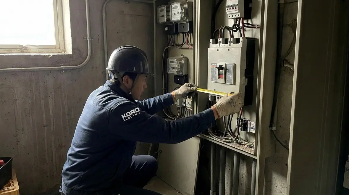Electrician reviewing NEC service overcurrent device location for a commercial facility