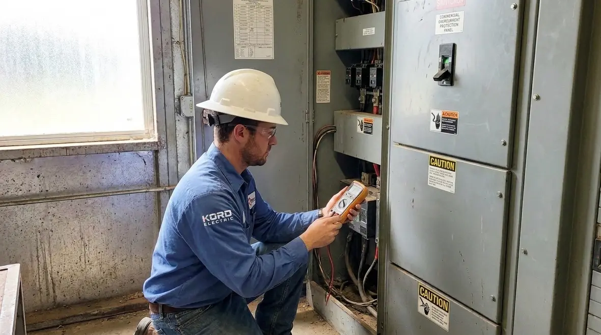 Technician reviewing NEC service overcurrent where required at main switchgear