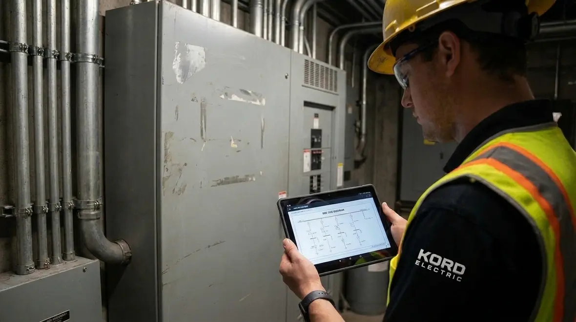 Service overcurrent protection equipment layout in a commercial electrical room