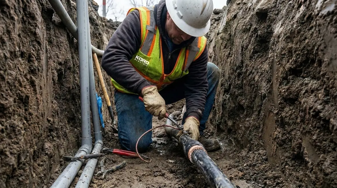 Technician inspecting NEC underground service bonding at a commercial facility