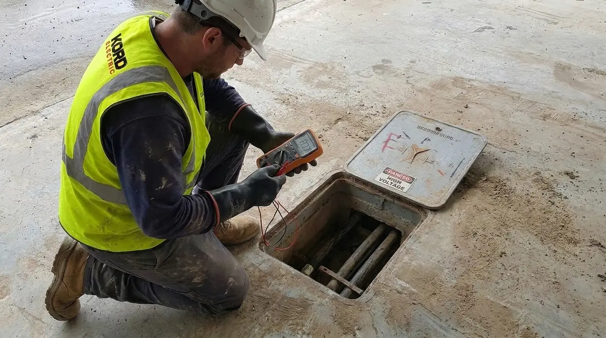 Kord Electric technicians verifying NEC 270.84 bonding continuity in the field