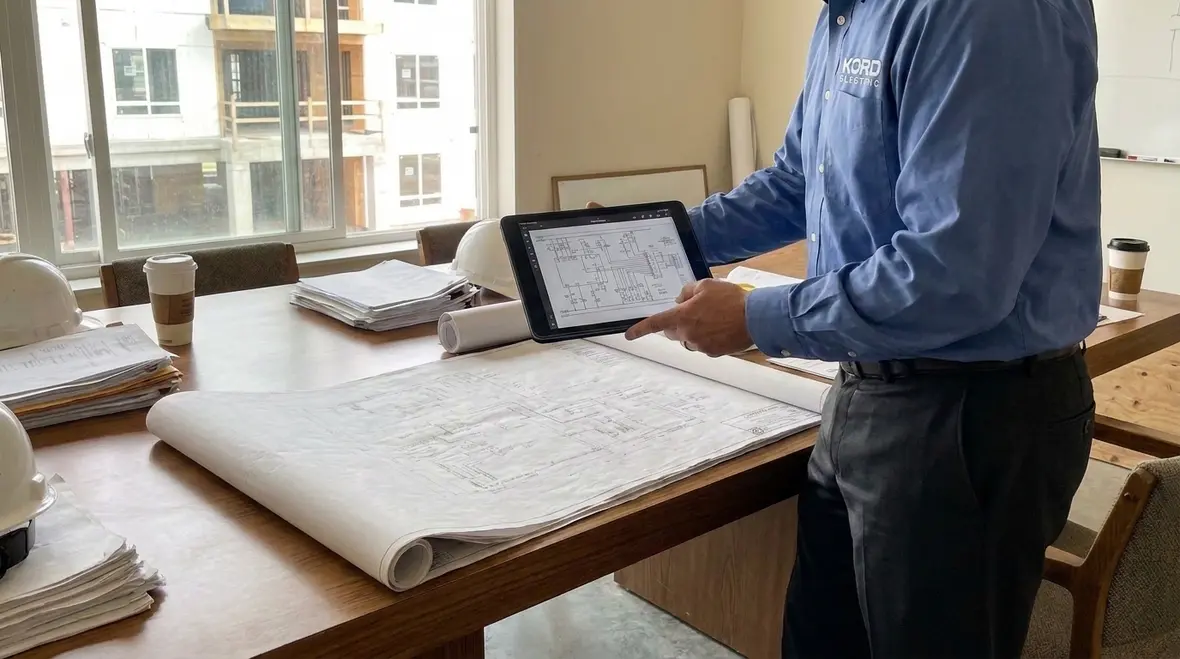 Kord Electric team reviewing NEC-compliant servicing equipment branch circuits layout in a major property building