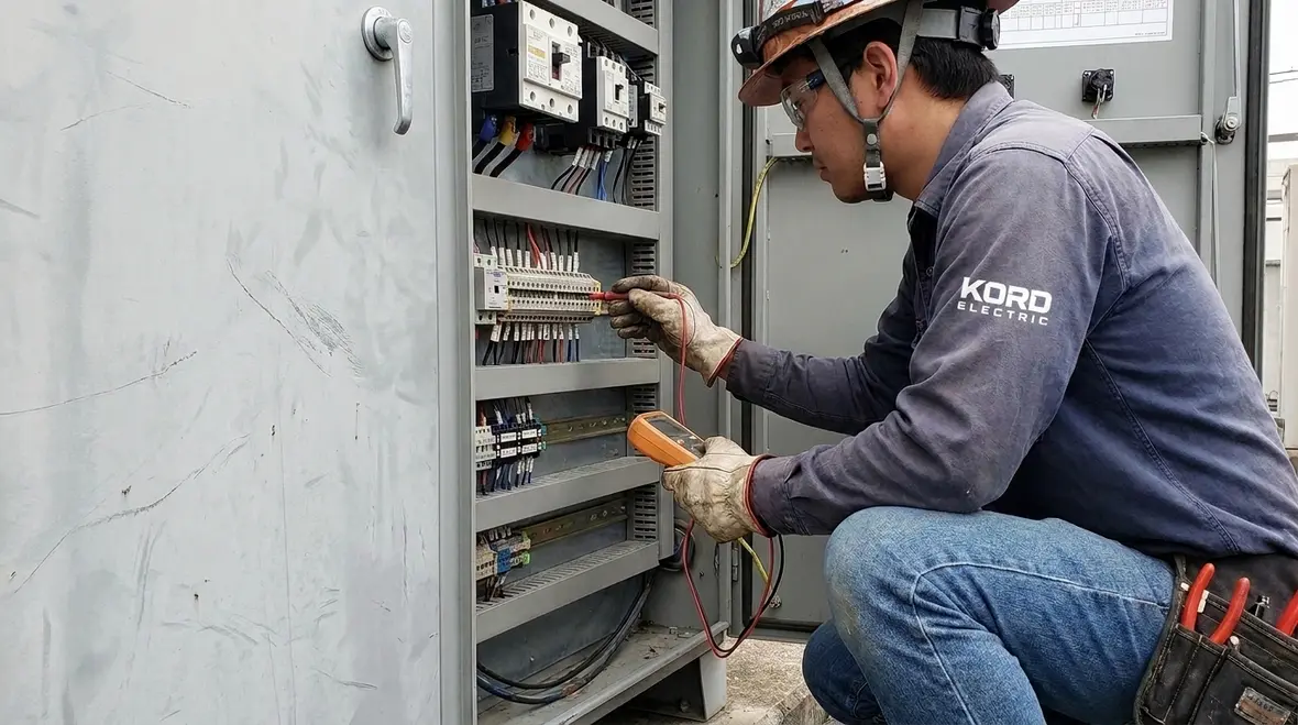 Electrician reviewing NEC servicing equipment branch circuits 210.63 in a commercial electrical room