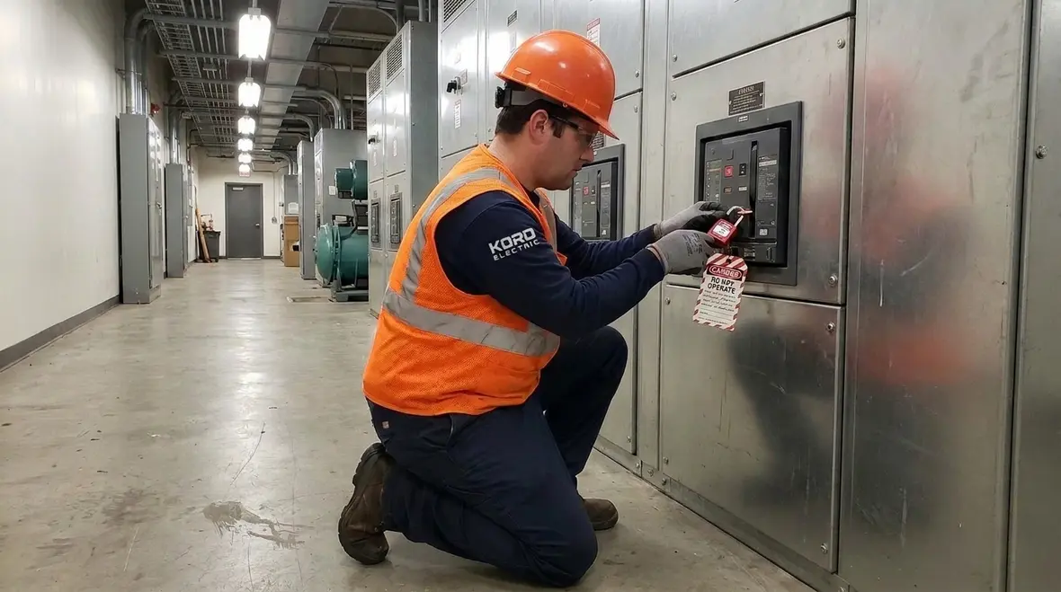 Technician safely isolating equipment using properly planned NEC servicing equipment branch circuits