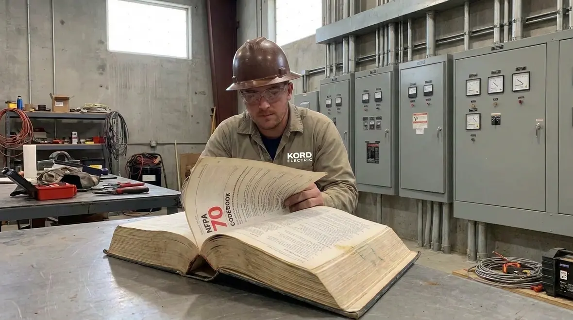 Technician reviewing NEC single-insulated free air ampacity tables for a commercial project