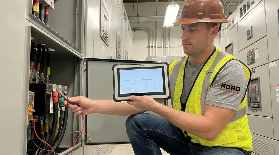 Technicians reviewing service entrance load calculations and conductor sizing