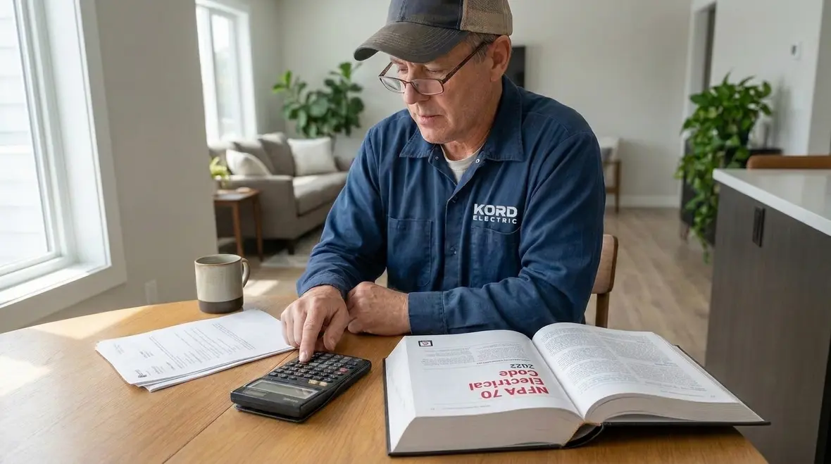 Technician reviewing NEC appliance load calculations for dwelling units