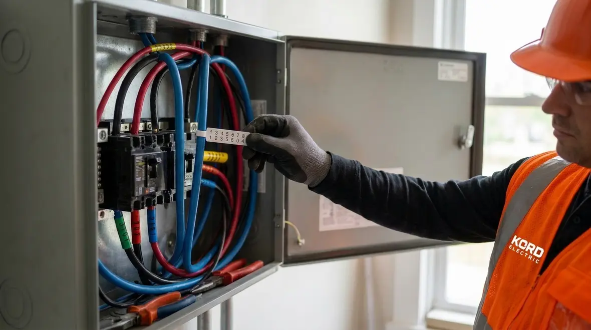 Electrician applying NEC branch conductor identification in a commercial panel