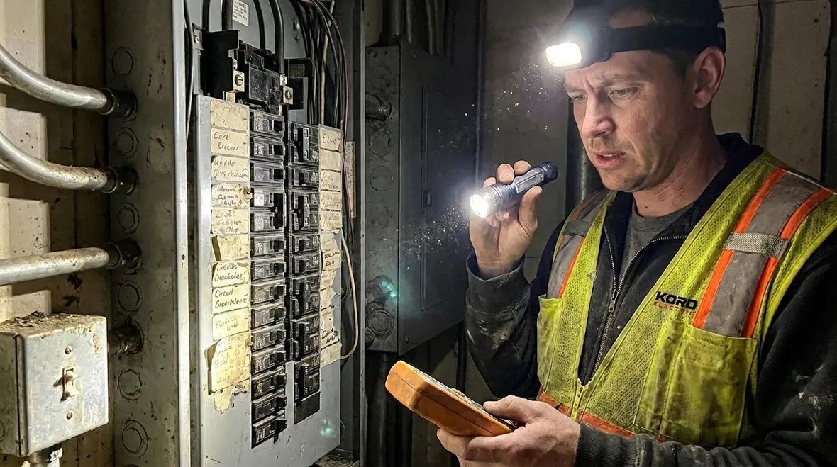 Technician troubleshooting a labeled NEC branch circuit in an industrial facility