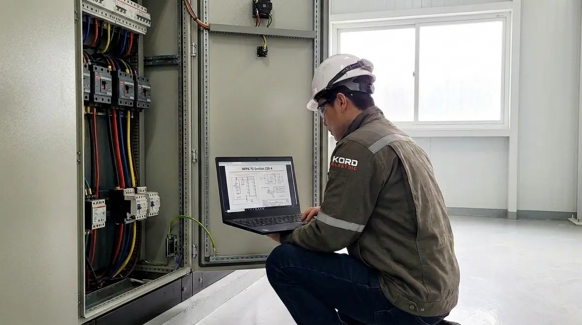 Technician reviewing NEC specific purpose load calculations for commercial facility