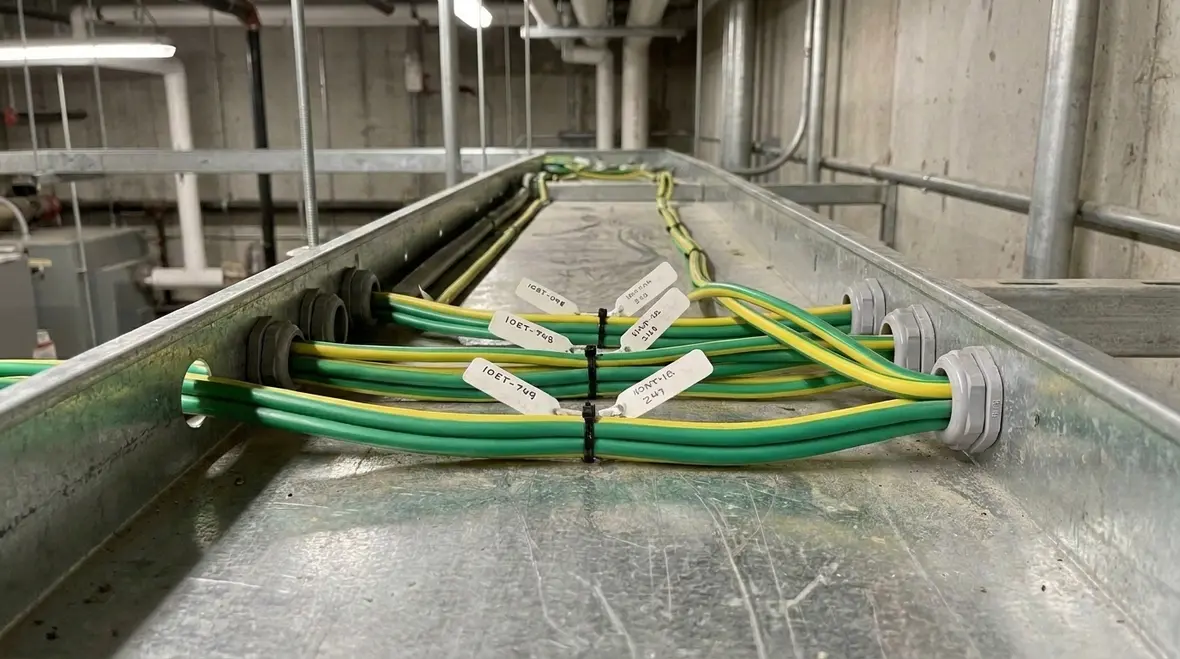 Grounding and bonding conductors installed in industrial electrical room