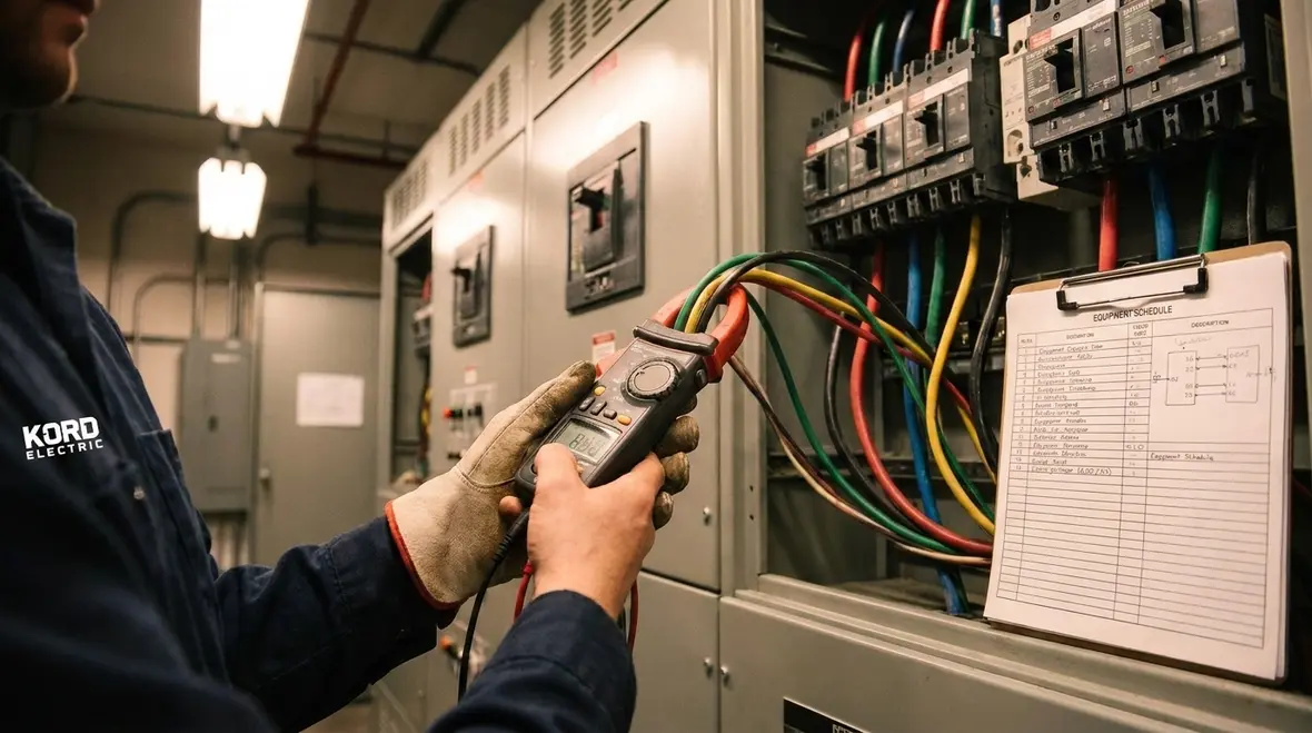 Engineer reviewing NFPA 70 Section 240.10 documentation for a major property building