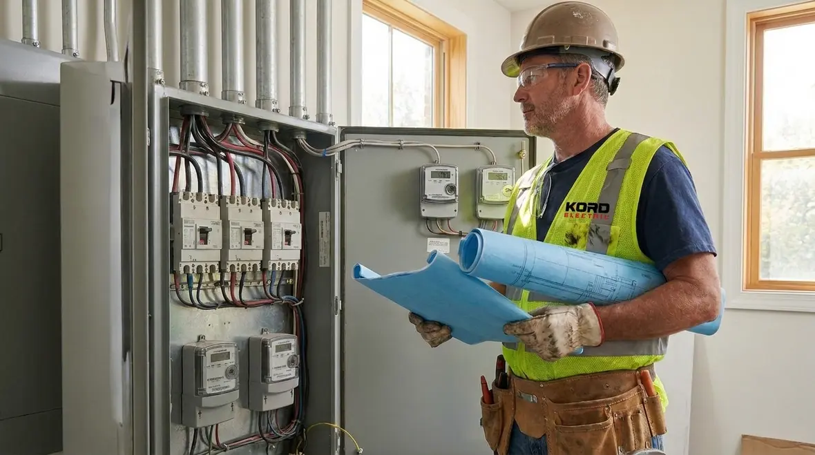 Technician reviewing NEC supplementary overcurrent protection coordination in a commercial electrical room