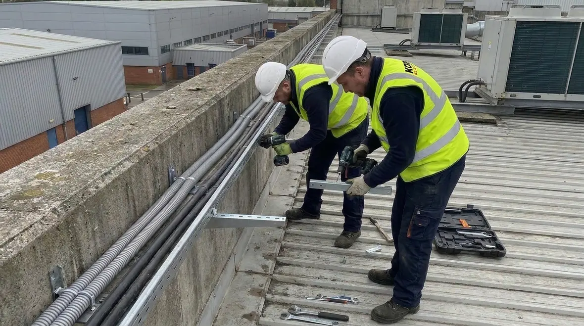 Technicians reviewing NEC supports over buildings for service conductor installations