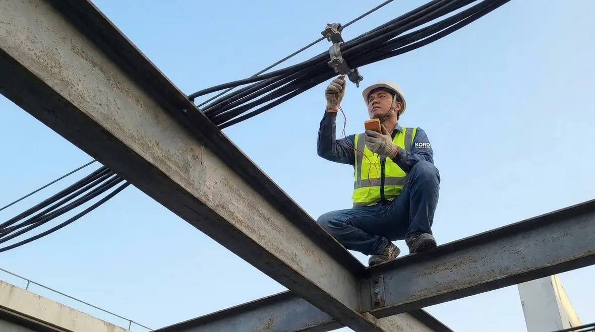 Service conductors supported over a commercial building roof in compliance with NFPA 70 Section 230.29