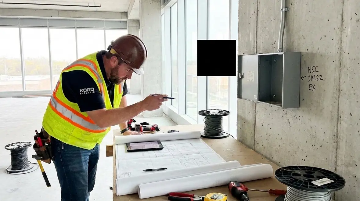Electrician aligning NEC surface extensions boxes to finished wall surface