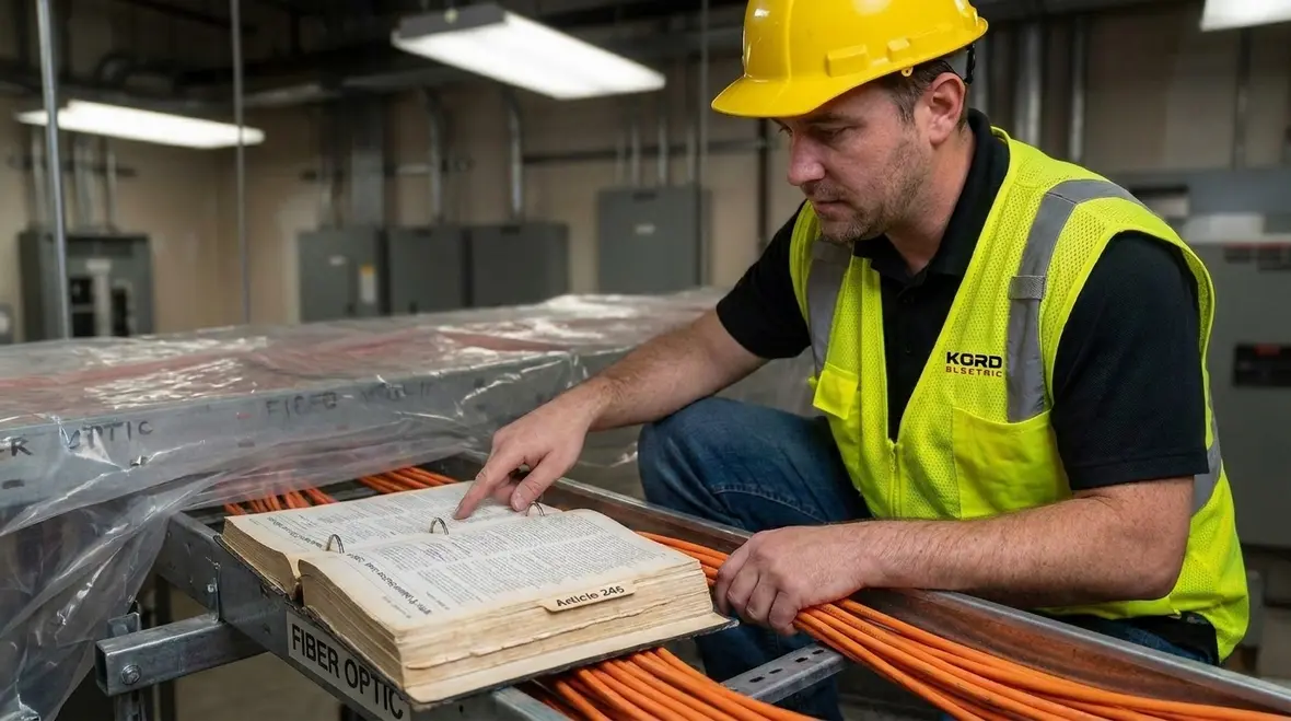 Optical fiber cable installation following NEC Article 245 scope in a commercial facility