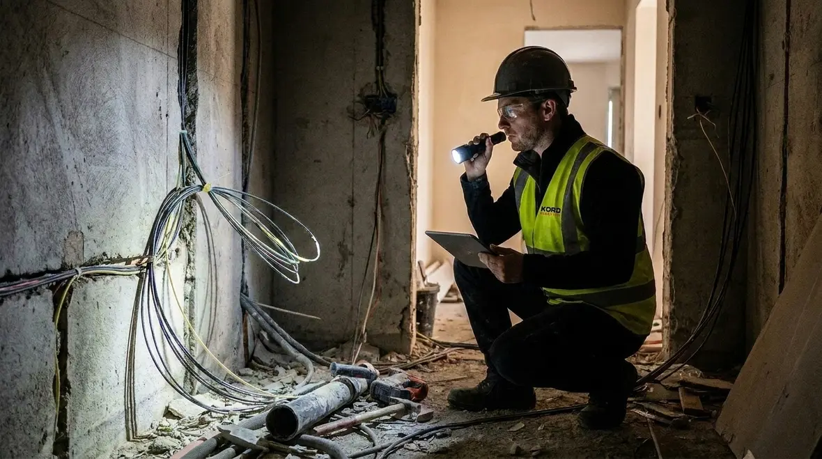 Technician verifying optical fiber installation against NEC requirements