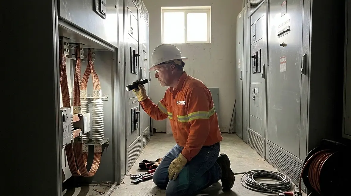 Technician inspecting NEC surge arrester conductors in a commercial electrical room