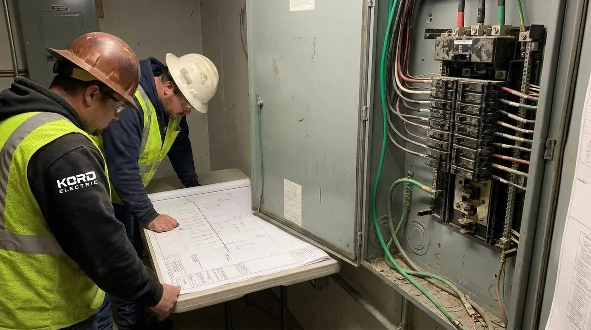 Field technician tightening surge arrester terminations in a commercial electrical room