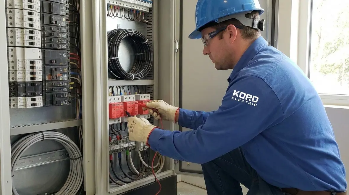 Technician inspecting NEC surge arrester interconnections inside commercial switchgear