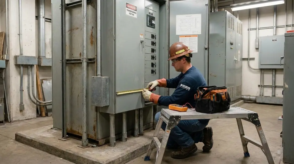 Kord Electric team reviewing NEC 110.55 working space around transformer