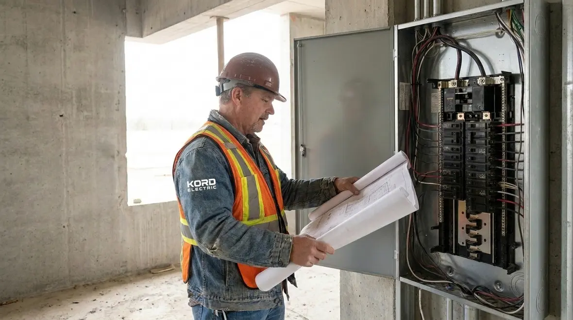 Kord Electric technicians reviewing NFPA 70 Section 120.86 school load calculations