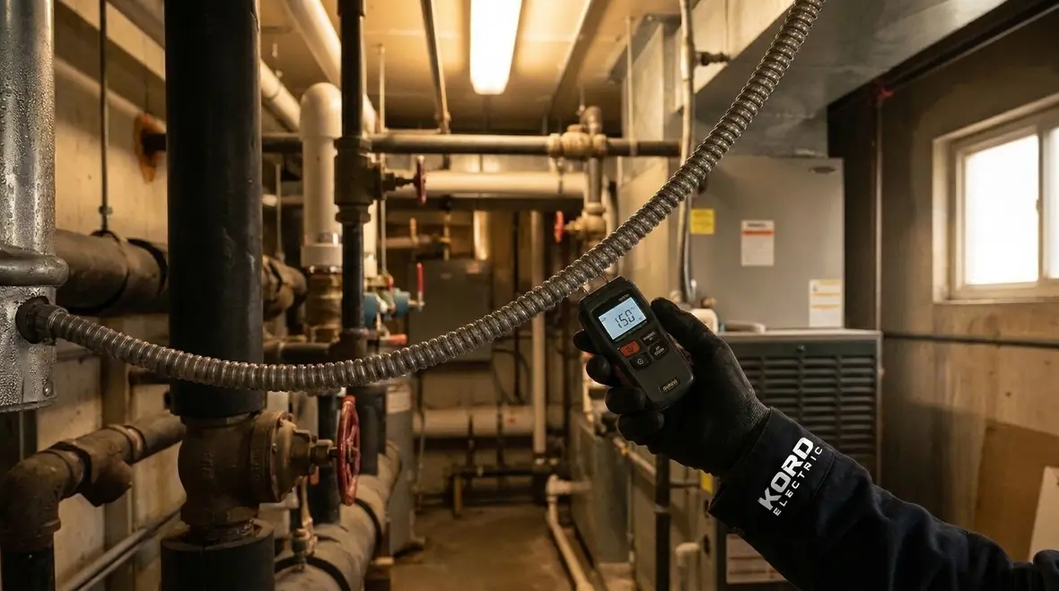 Commercial facility walkthrough to evaluate moisture and corrosion risks for flexible metal conduit