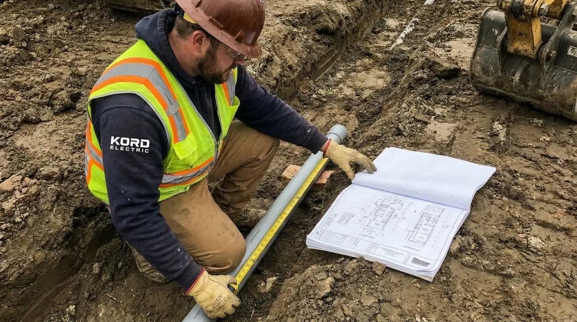 Field crew measuring trench depth and separation for NEC underground service clearances