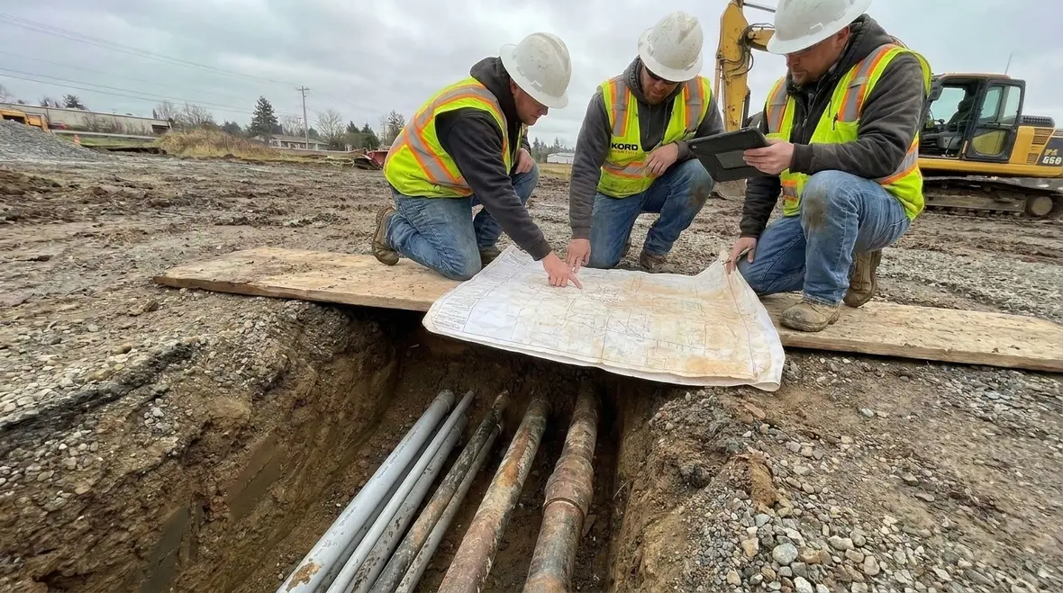 Technicians planning NEC underground service clearances for a commercial facility site
