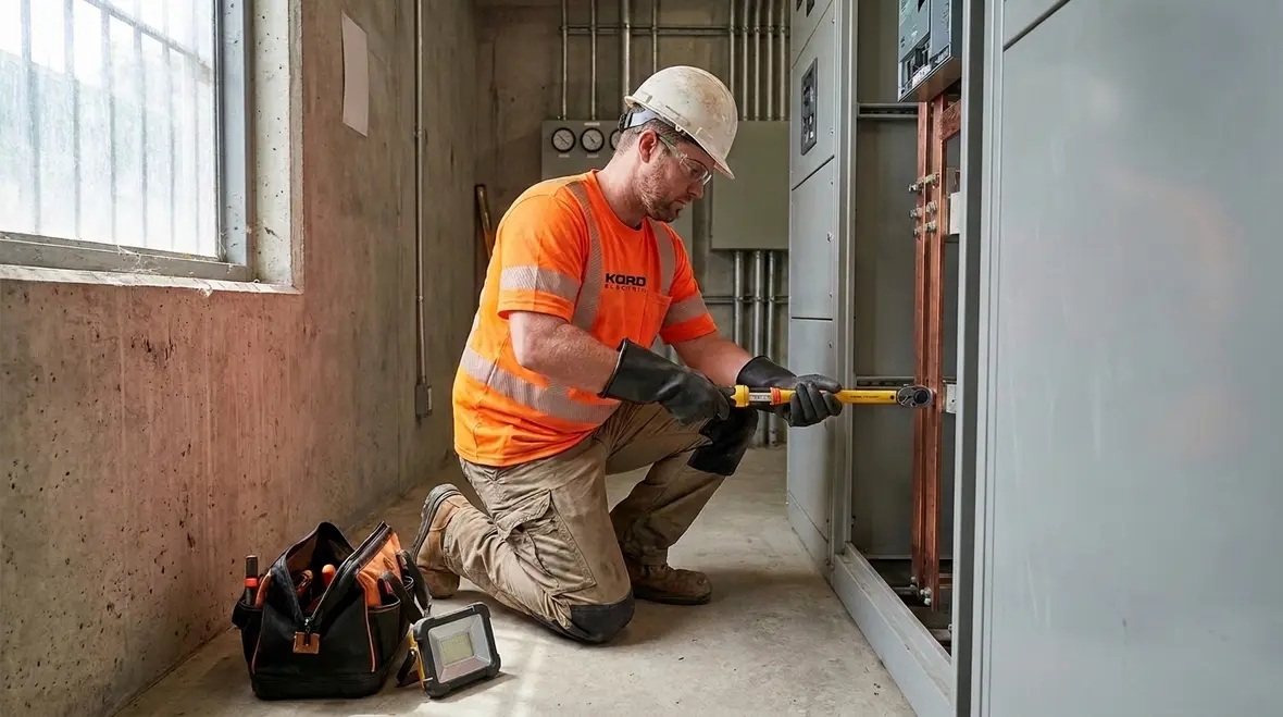 Electrician working with proper NEC vault work space clearances