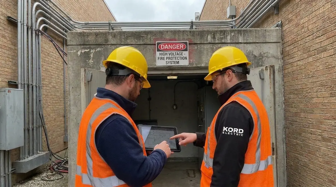 Kord Electric crew assessing NEC vault clearances in a major property building