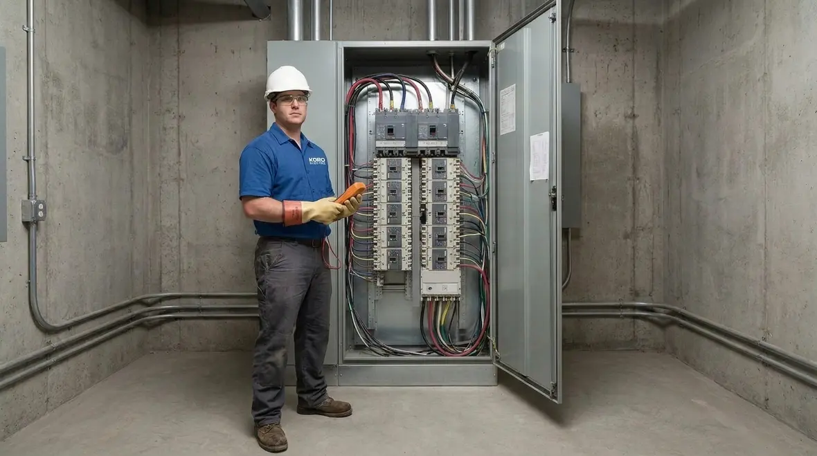 Technician evaluating NEC vault equipment work space clearances